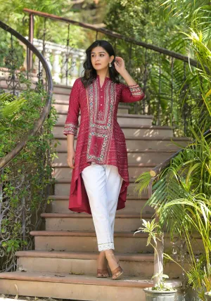 Maroon Bandhani Printed Liva Rayon Tunic With Sequins & Thread Work