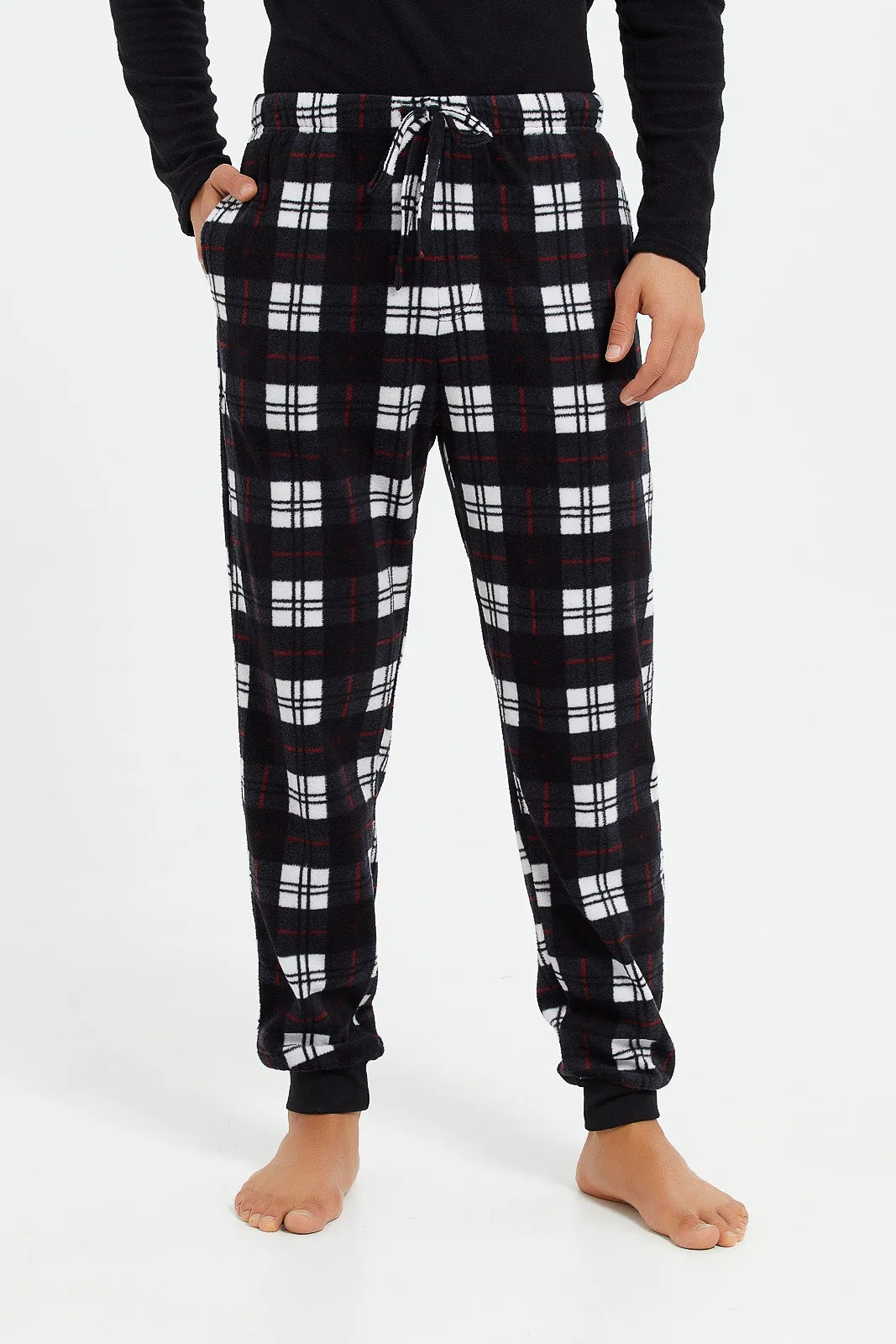 Men Black Check Fleece Lounge Set (2 Piece)