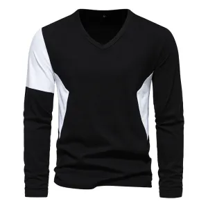 Men British Style V-Neck Bicolor Long Sleeves T-Shirt