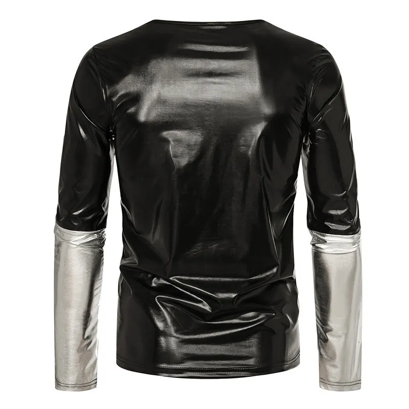 Men Crewneck Bicolor Glossy Long Sleeves T-Shirt