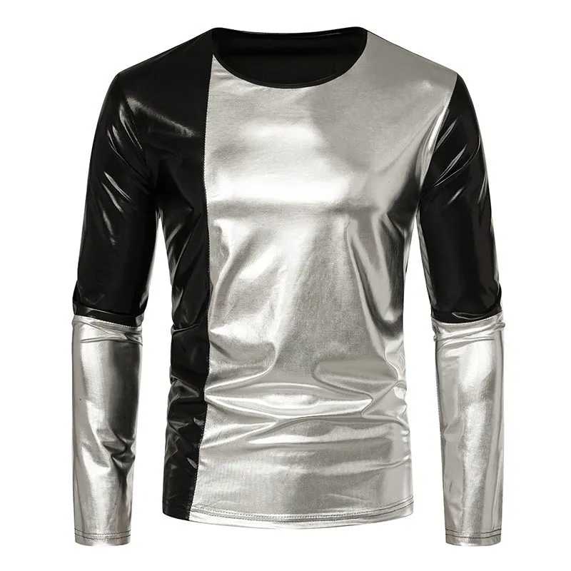 Men Crewneck Bicolor Glossy Long Sleeves T-Shirt