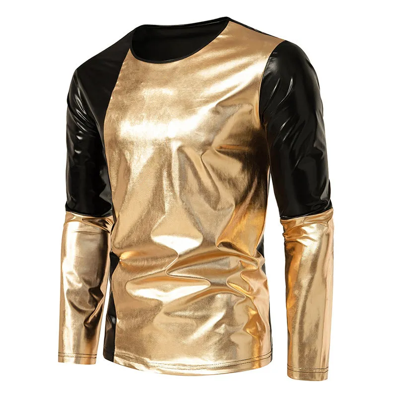 Men Crewneck Bicolor Glossy Long Sleeves T-Shirt