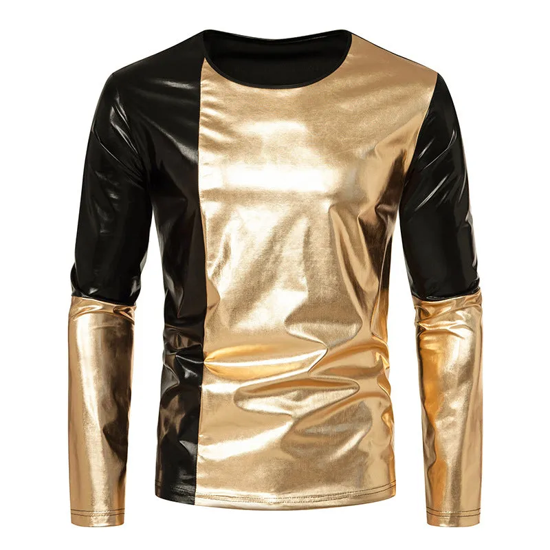 Men Crewneck Bicolor Glossy Long Sleeves T-Shirt