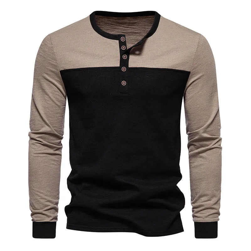 Men Crewneck Buttons Bicolor Long Sleeves T-Shirt