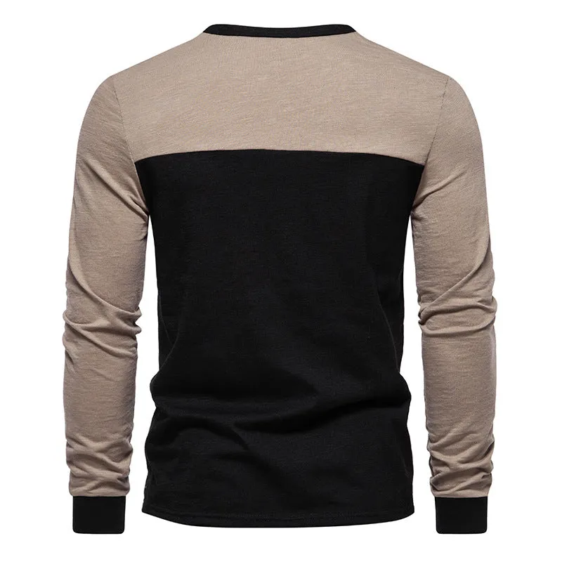 Men Crewneck Buttons Bicolor Long Sleeves T-Shirt