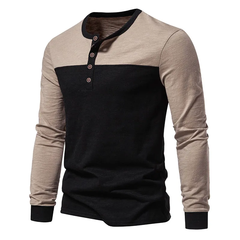 Men Crewneck Buttons Bicolor Long Sleeves T-Shirt