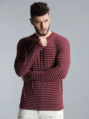 Men Maroon Yarn Dyed Stripes Round Neck Recycled Cotton Full Sleeve Regular Fit Casual T-Shirt