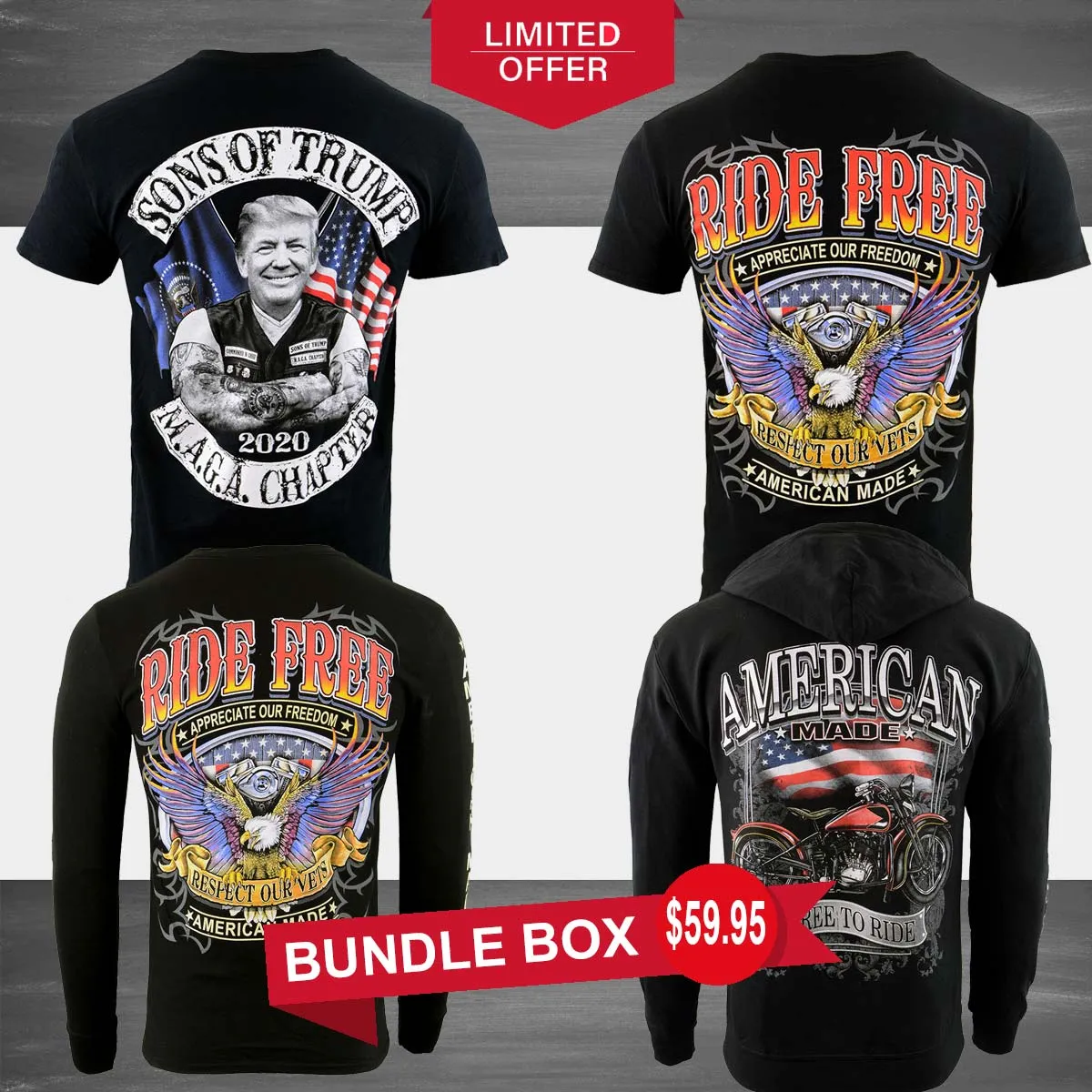 Men’s Box-4 Biker Clothing Co. Short Sleeve, Long Sleeve and Hoodie Bundle Box