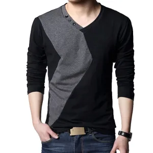 Mens Long Sleeve V Neck Patchwork Casual Cotton T Shirt