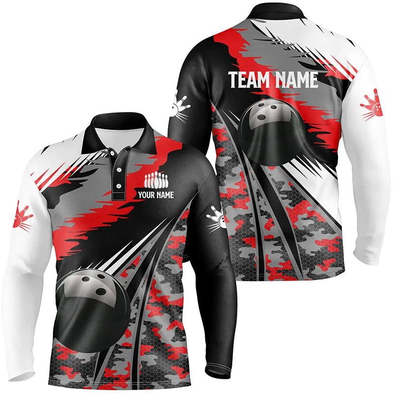 Mens Polo Bowling Shirts Custom Black Ball Multicolor Camo Bowling Team Jersey, Gift For Bowlers