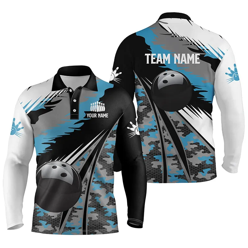 Mens Polo Bowling Shirts Custom Black Ball Multicolor Camo Bowling Team Jersey, Gift For Bowlers