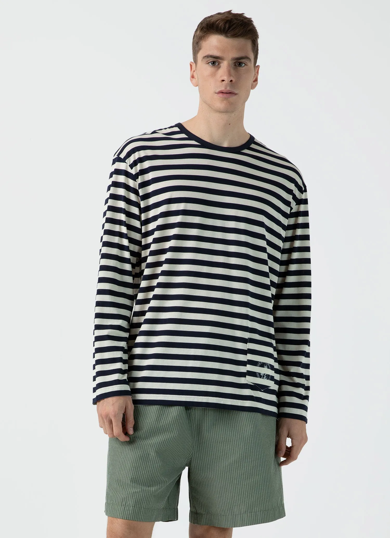 Men's Sunspel x Nigel Cabourn Long Sleeve T-shirt in Navy/Stone White