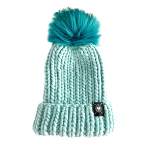 Merino Folded Brim Faux Fur Pom-Pom Beanie in Sea Glass