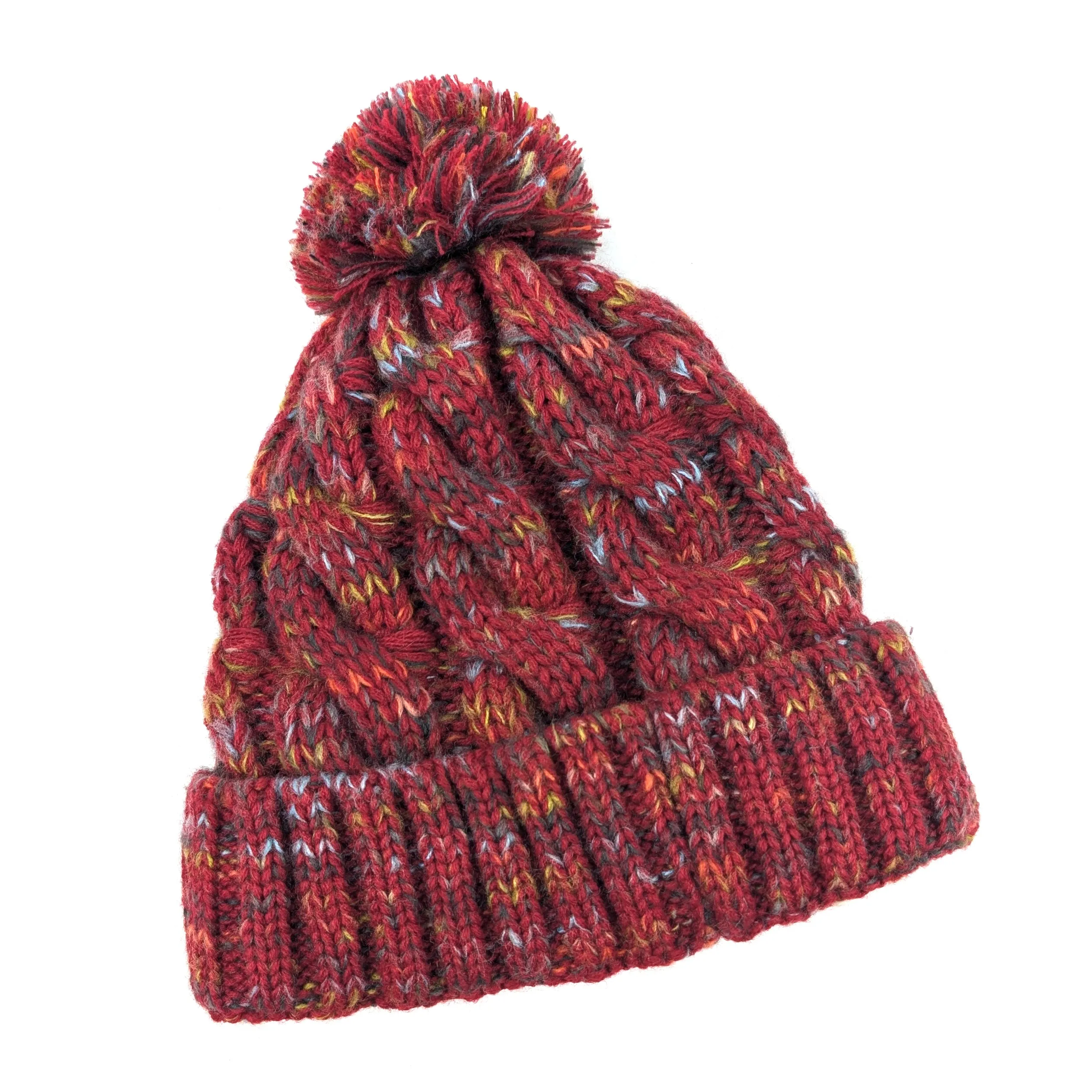 Mottled Cable Knit Bobble Hat - Red