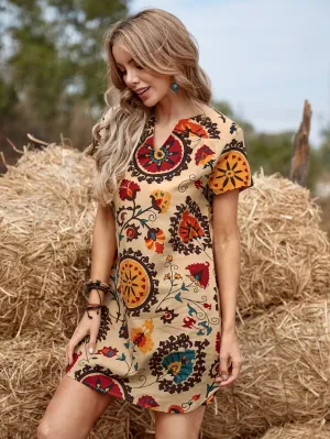 Notched Neck Floral Print Tunic Dress