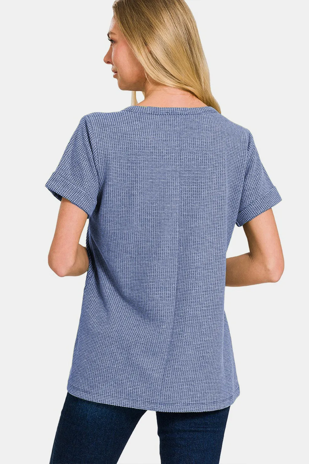 Notched Short Sleeve Waffle T-Shirt