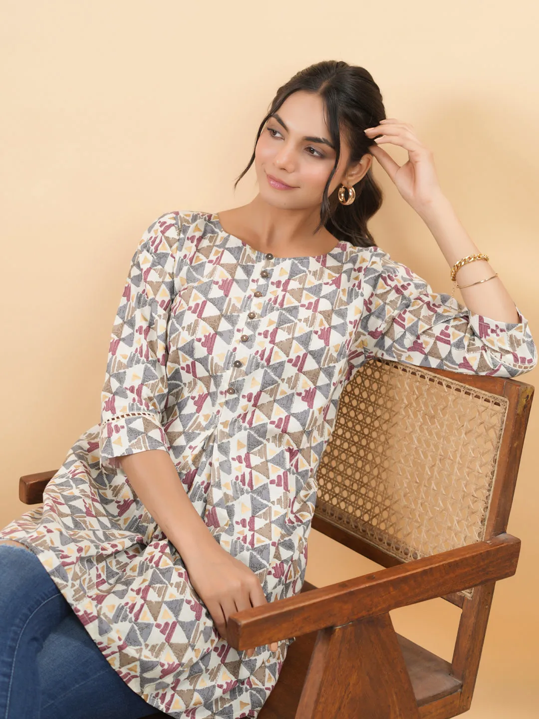 Off White Cotton Geometric Tunic  - By Janasya