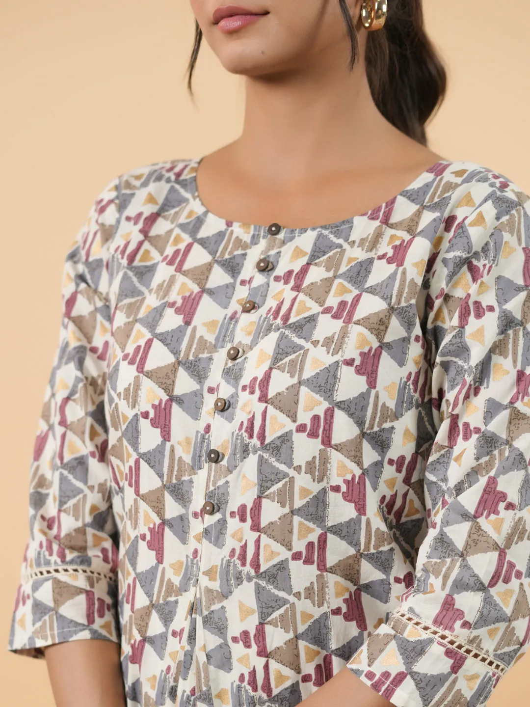 Off White Cotton Geometric Tunic  - By Janasya