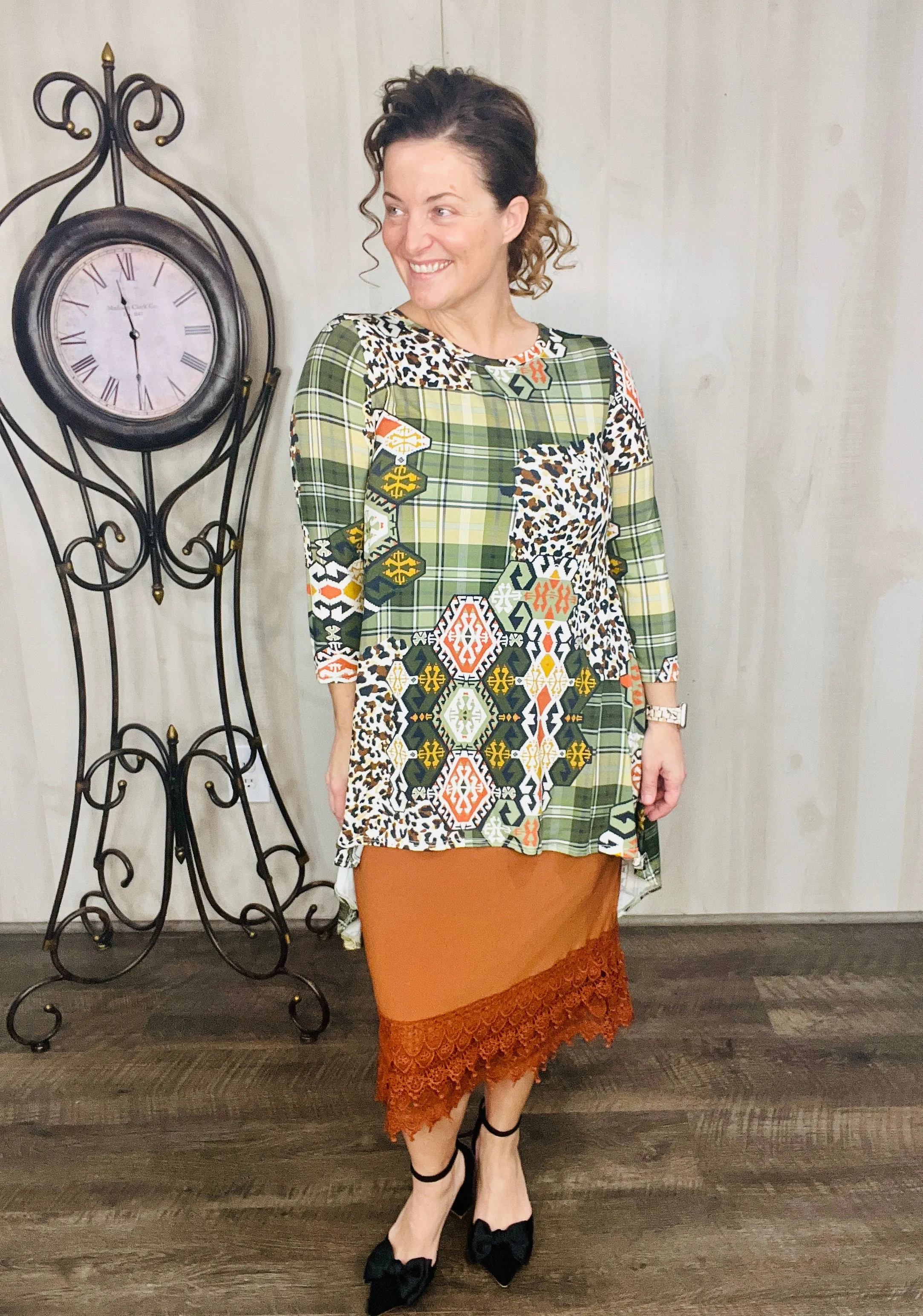 Olive Plaid & Leopard Collide Tunic