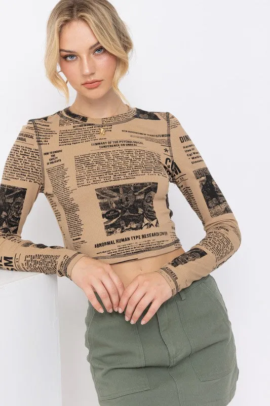 Page Six Newspaper Print Long Sleeve Knit Crop Top