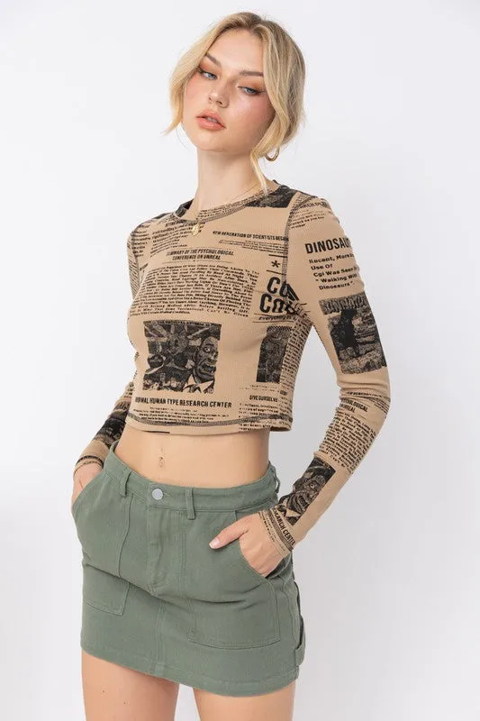 Page Six Newspaper Print Long Sleeve Knit Crop Top