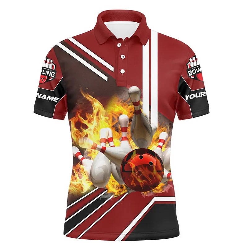 Personalized Men Bowling Long Sleeve Polo Shirt Flame Bowling Ball And Pins, Bowling Polo For Men Bowlers Red