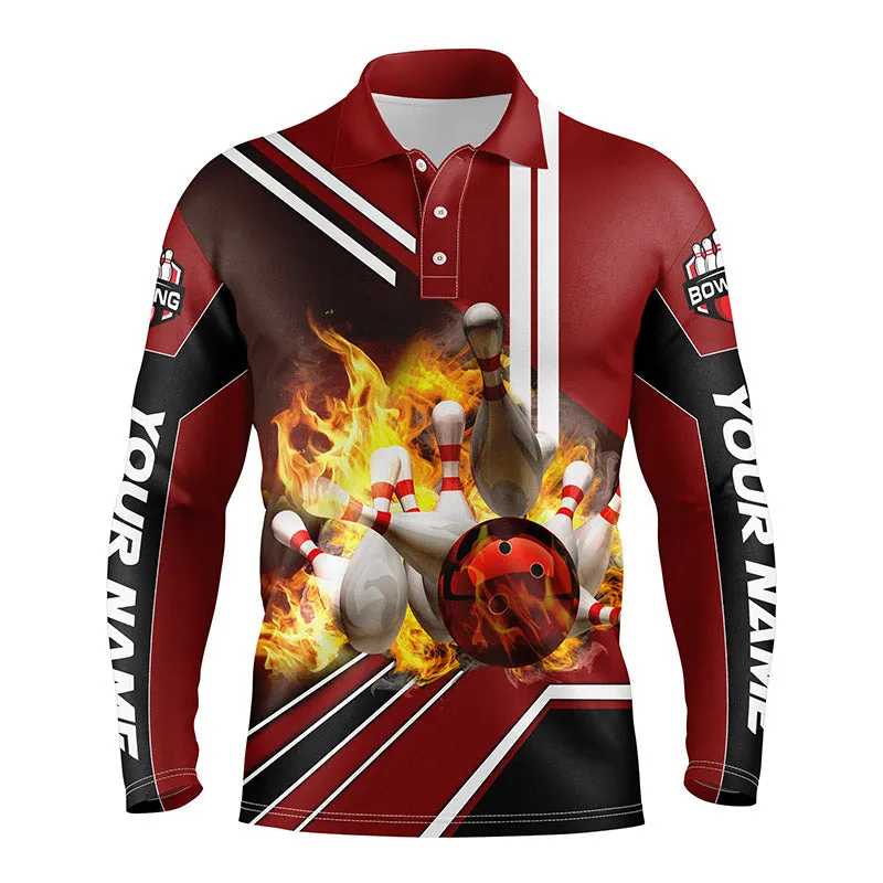 Personalized Men Bowling Long Sleeve Polo Shirt Flame Bowling Ball And Pins, Bowling Polo For Men Bowlers Red