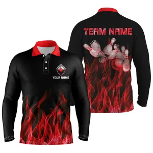 Personalized Men Long Sleeve Polo Bowling Shirt Multicolor Flame Bowling Ball And Pins Bowling Jerseys For Men Bowler