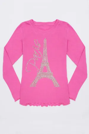 Pink Eiffel Tower Paris Cute Long Sleeve Tee - Girls