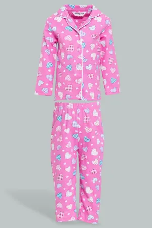 Pink Heart Pyjama Set For Baby Girls (2 Piece)