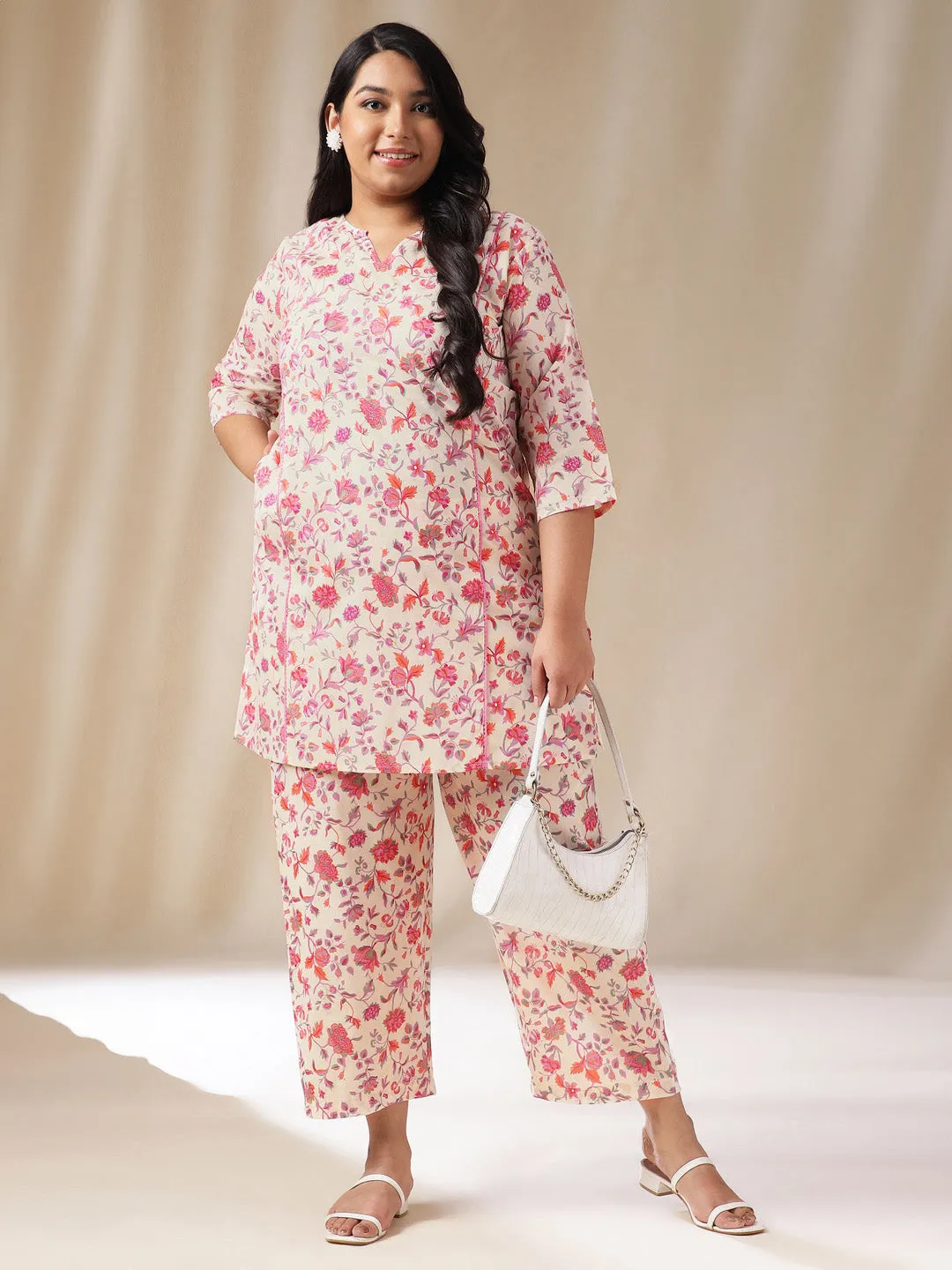 Plus Size Cream Cotton Floral A-Line Co-ord Set  - By Janasya