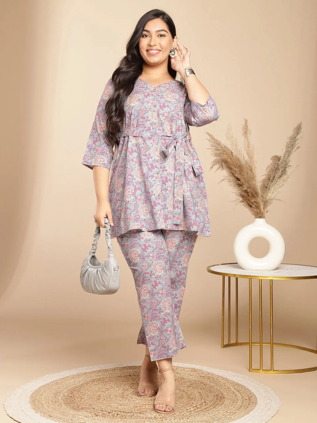 Plus Size Light Blue Cotton Floral A-Line Co-ord Set  - By Janasya