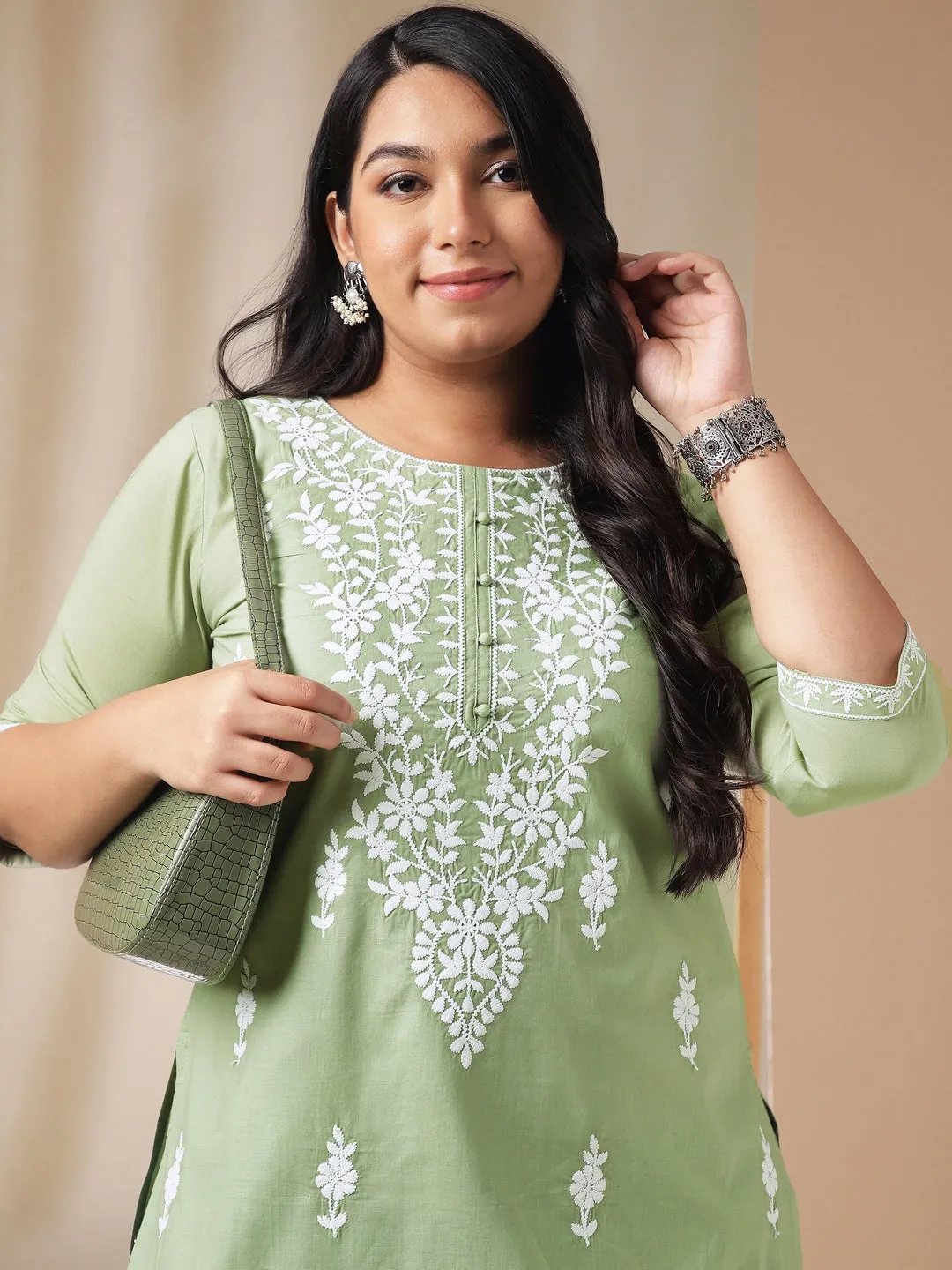 Plus Size Sage Cotton Chikankari Regular Tunic  - By Janasya