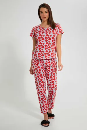 Red And White Heart Pyjama Set (2 Piece)