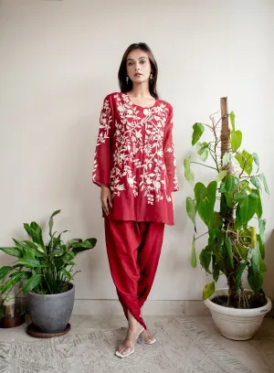 Red Organza Parsi Embroidery Tunic & Dhoti Pant Co-Ord Set