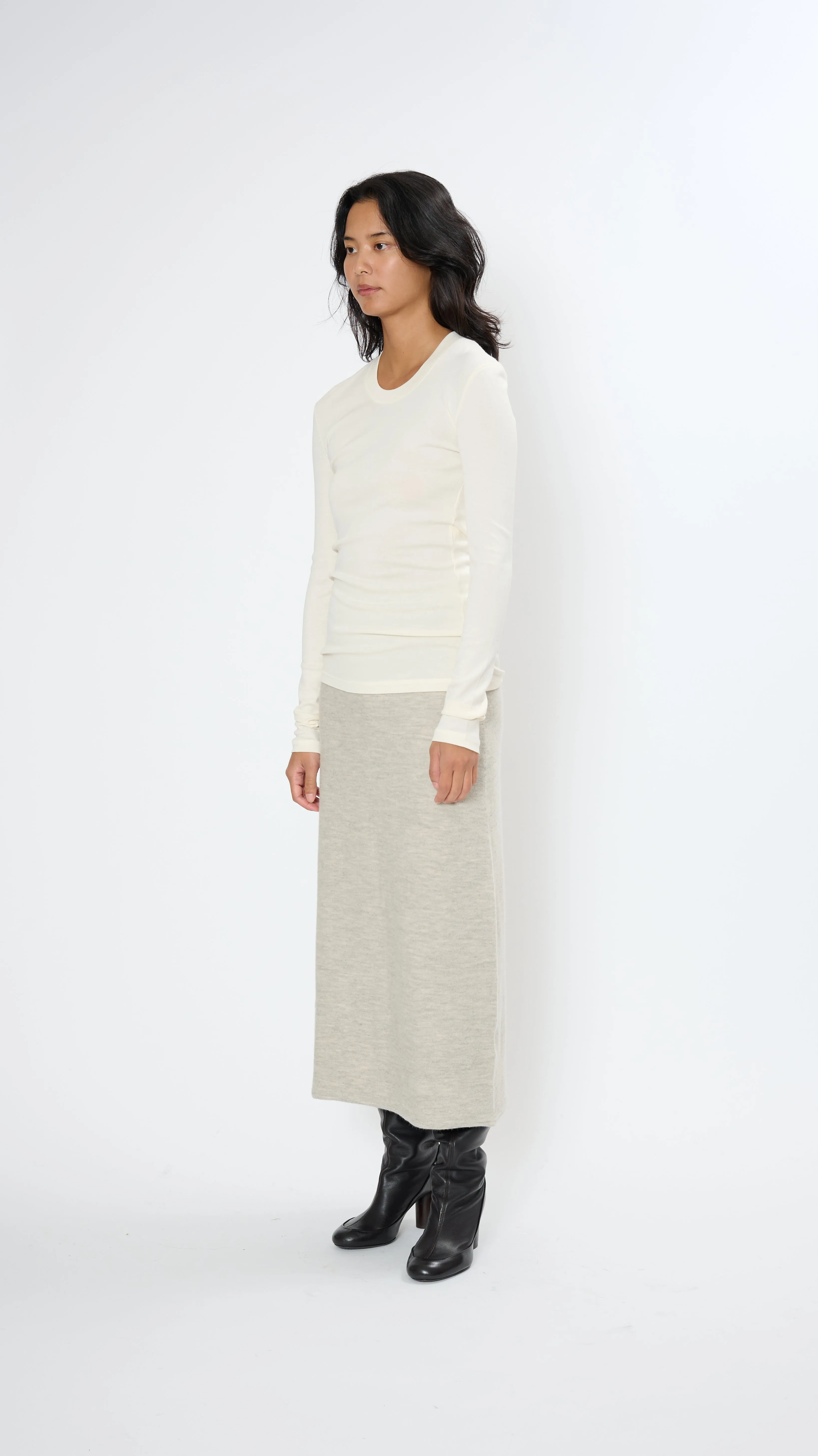 Rib Long Sleeve T-Shirt in Light Cream