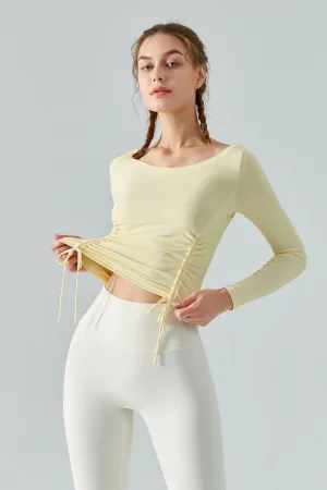 Ribbed Ruched Hem Crop Yoga Top with Drawstring