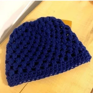 Royal Blue Messy Bun Ponytail Hat Open Puffy Stitch Hand Crochet Knit Outdoor Walking Hiking Active Athletes Winter Handmade Women Gift Accessory