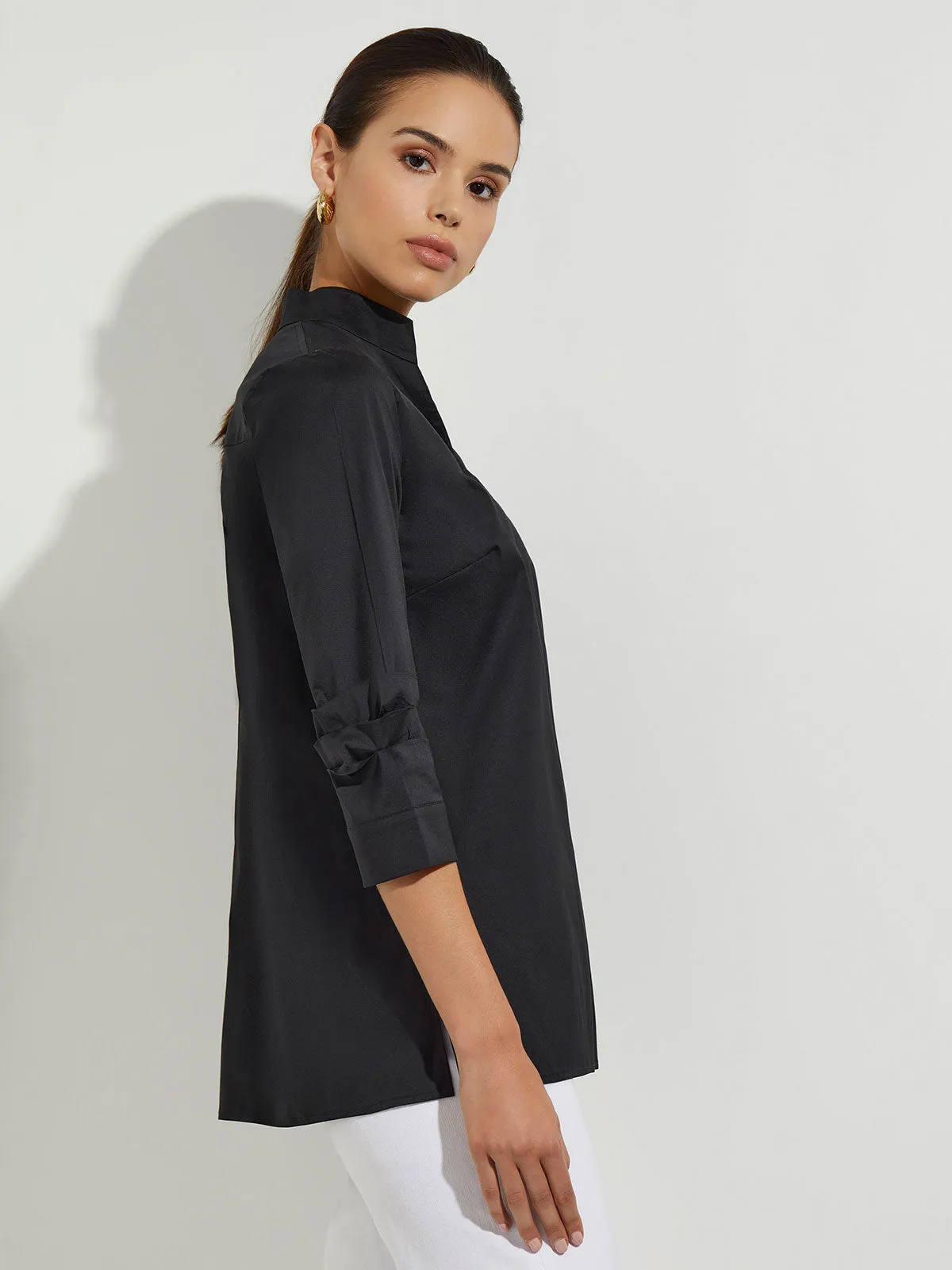 Ruche Sleeve Cotton Tunic, Black