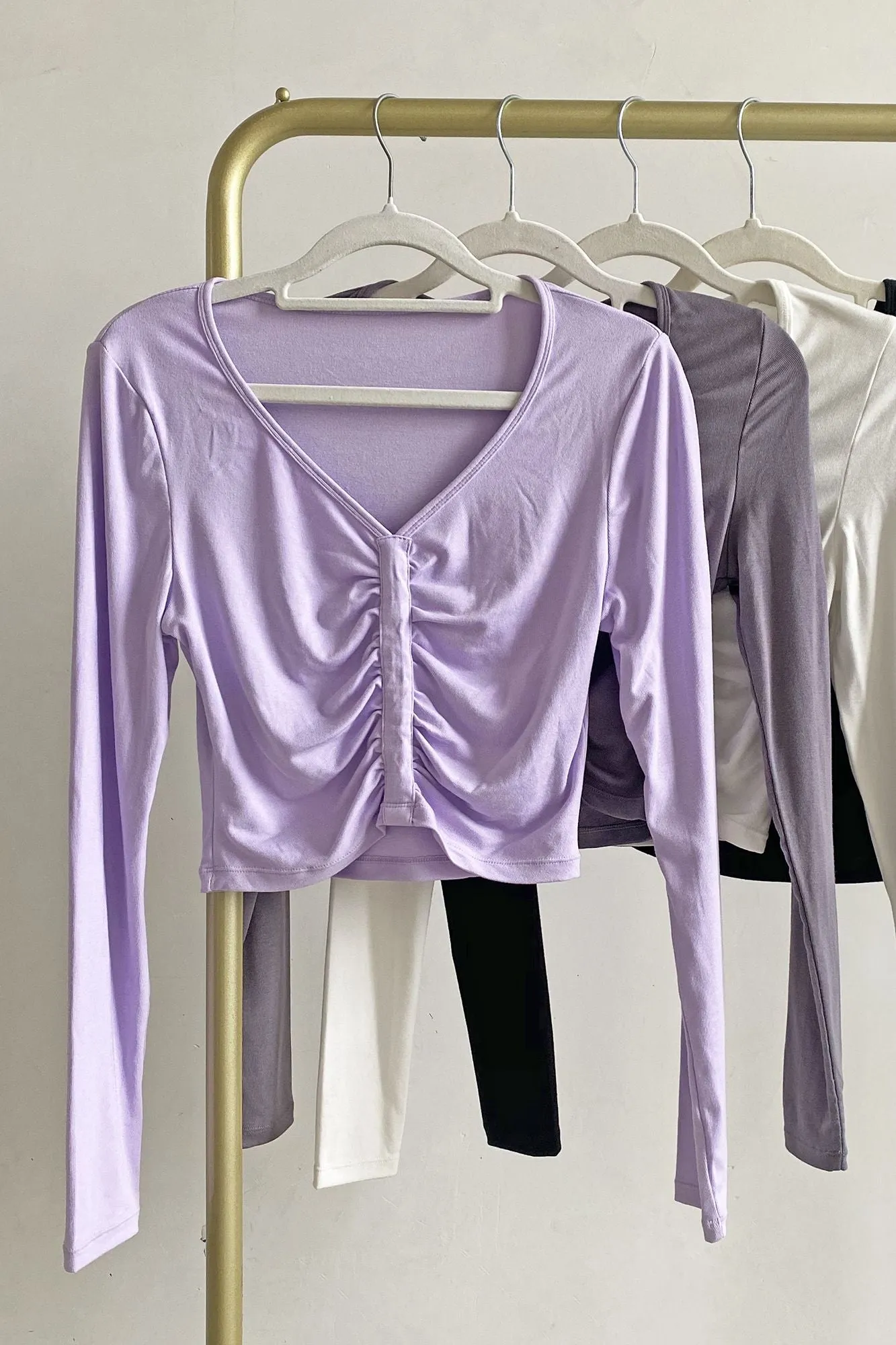 Ruched-Front Crop Long Sleeve Tops