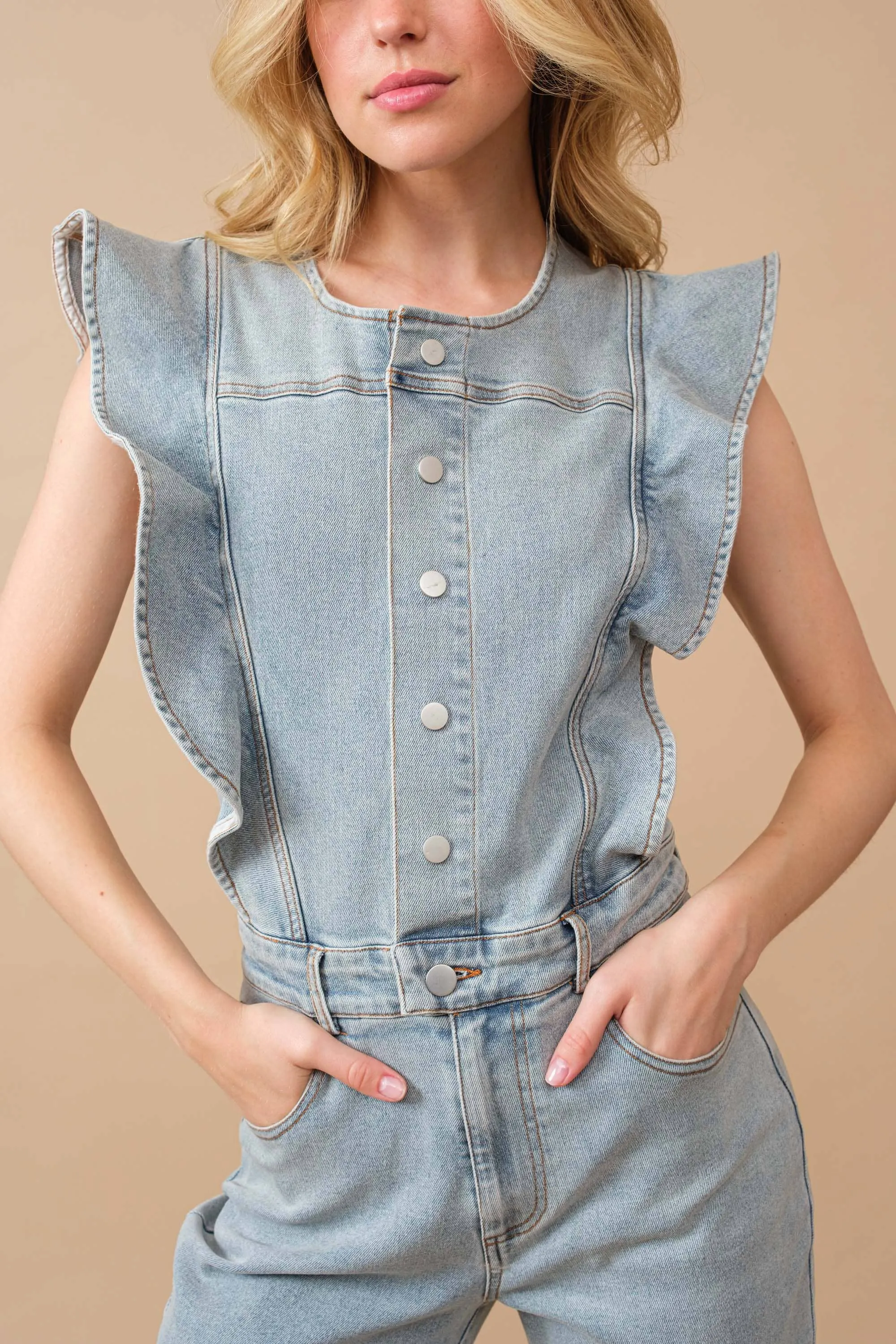 Ruffle Bell Bottom Denim Jumpsuit