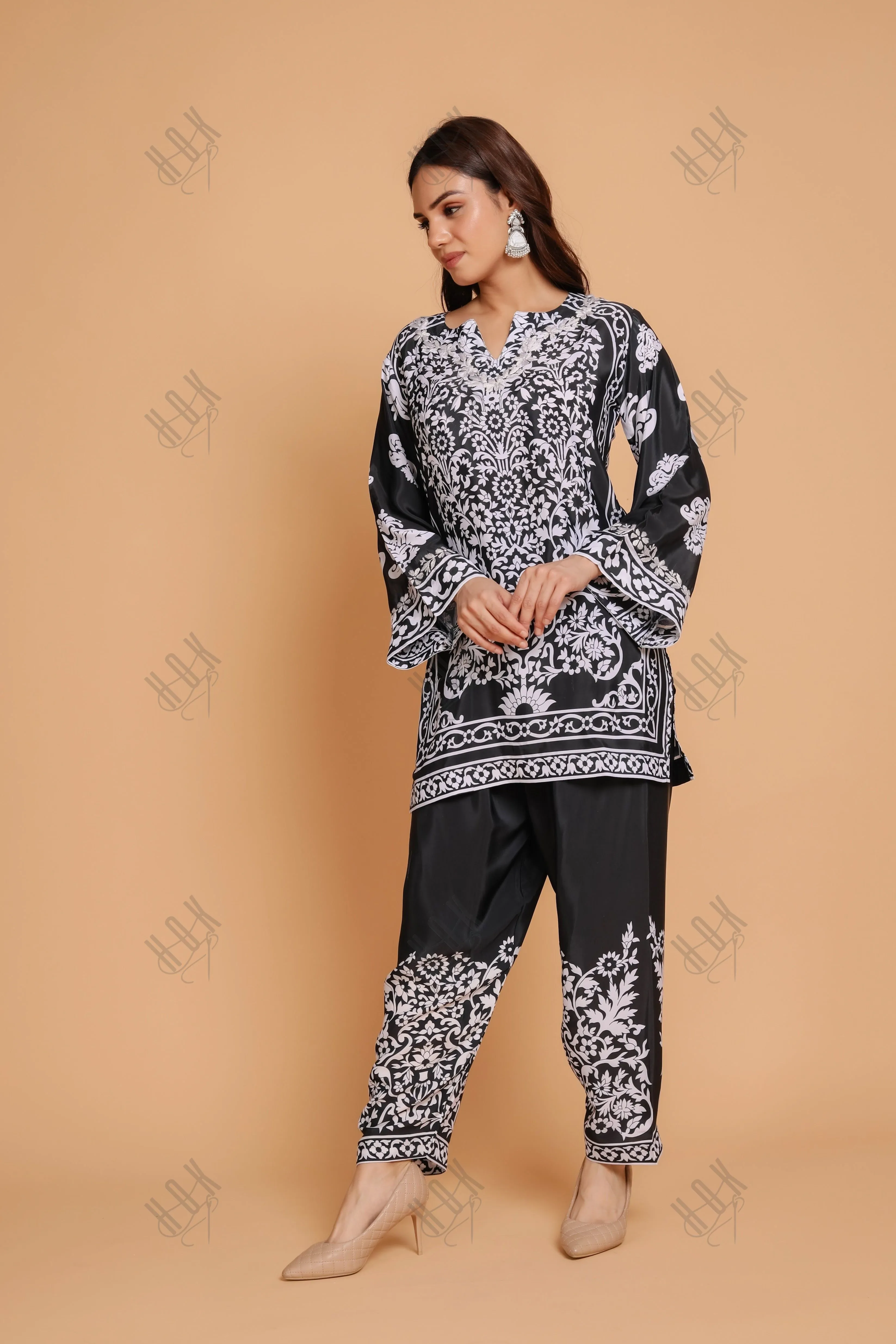 Saba Chikankari Printed Polysilk Set for Women - Black