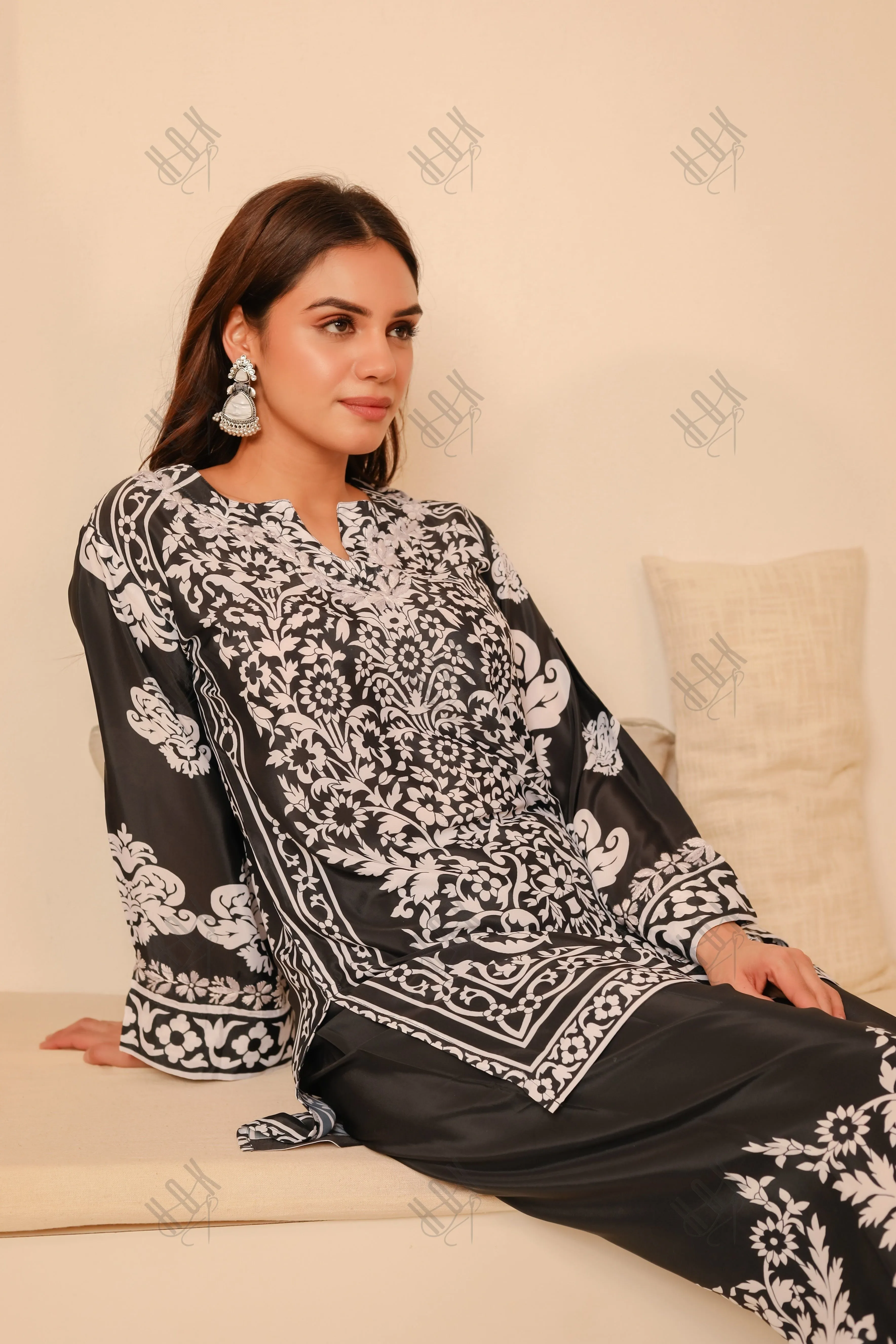 Saba Chikankari Printed Polysilk Set for Women - Black