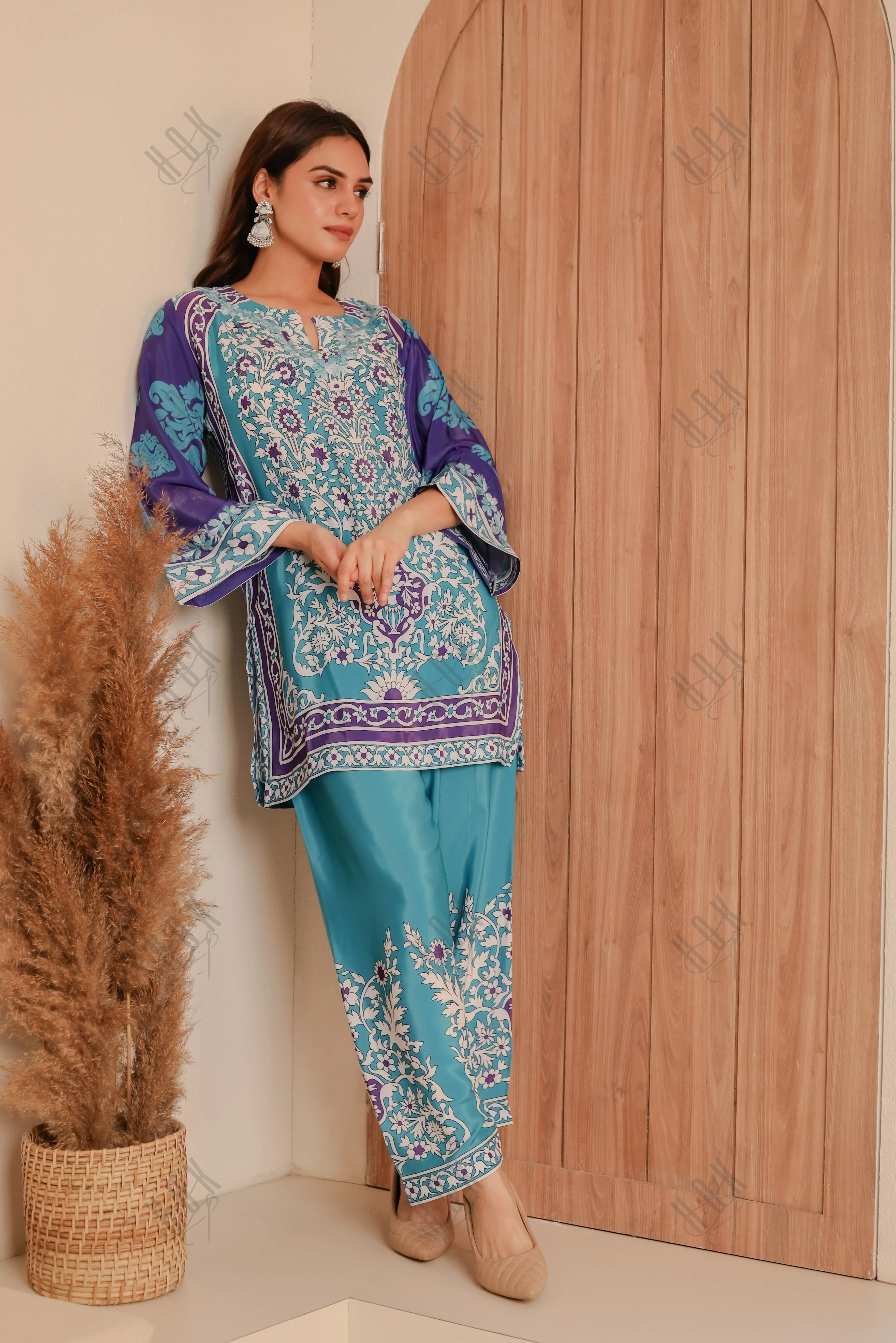 Saba Chikankari Printed Polysilk Set for Women - Blue