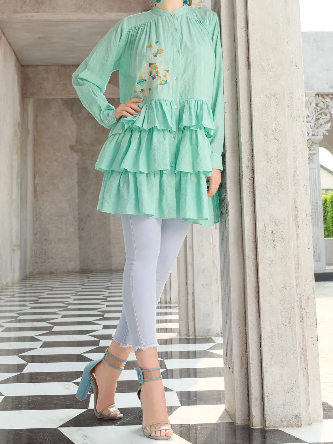 Sea Blue Cotton/Dobby Net Tunic - AL-LK-721