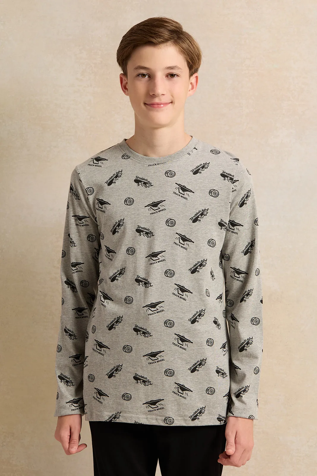 Senior Boys Grey And Black Printed Pyjama set (2 Piece)