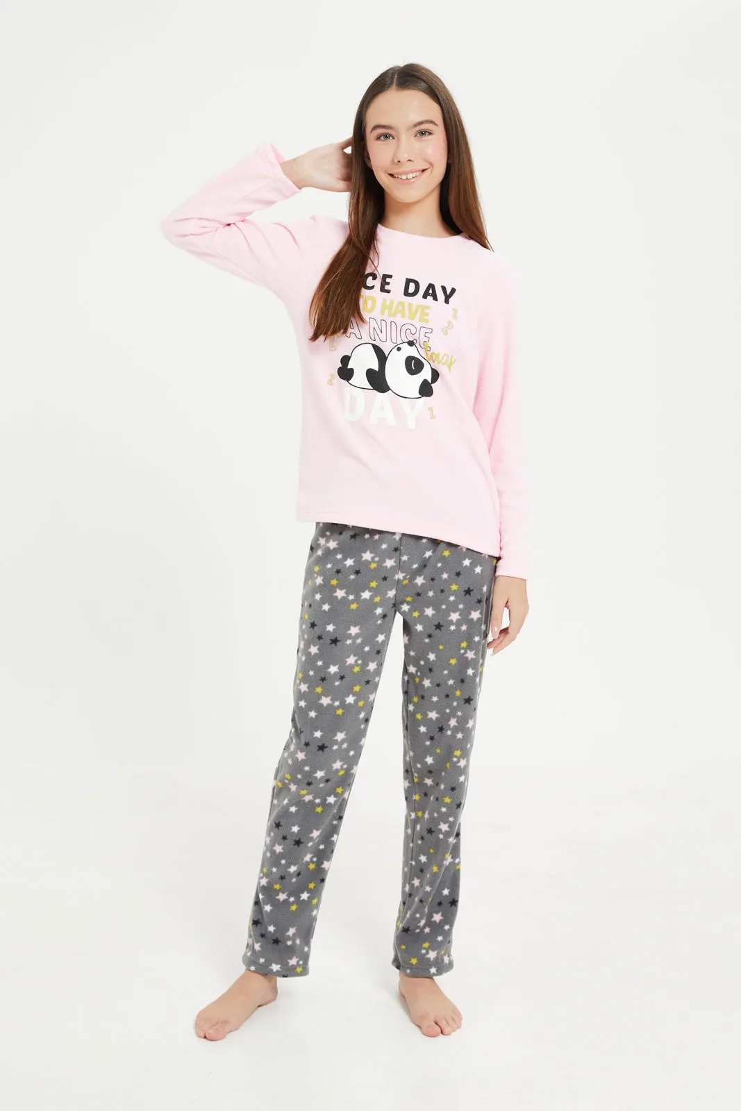 Senior Girls Pink And Grey Pyjama Set(2 Piece)