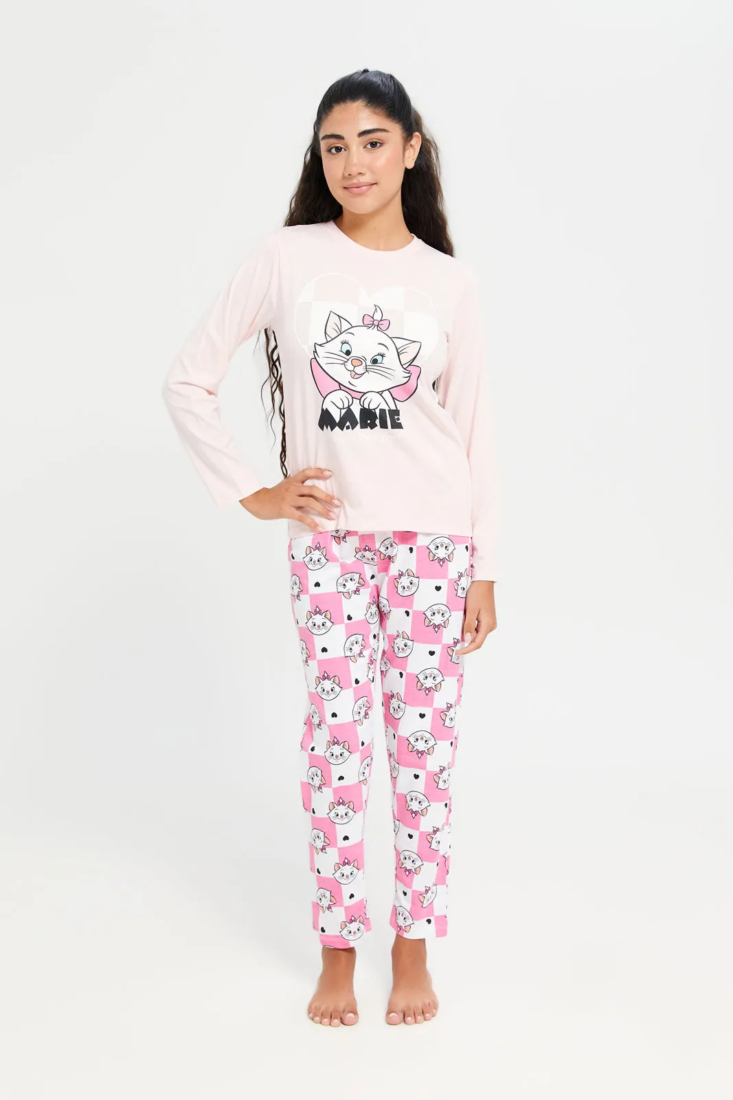 Senior Girls Pink Marie Cat Print Pajama Set (2 Piece)