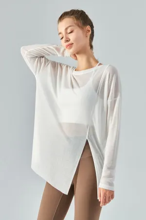 Sheer Mesh Long Sleeve Asymmetrical Hem Tops