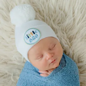 Solid White Little Bro Newborn Baby Boy Hospital Beanie Hat with Pom Pom, White or Blue Hat, Newborn Hat Infant Hat